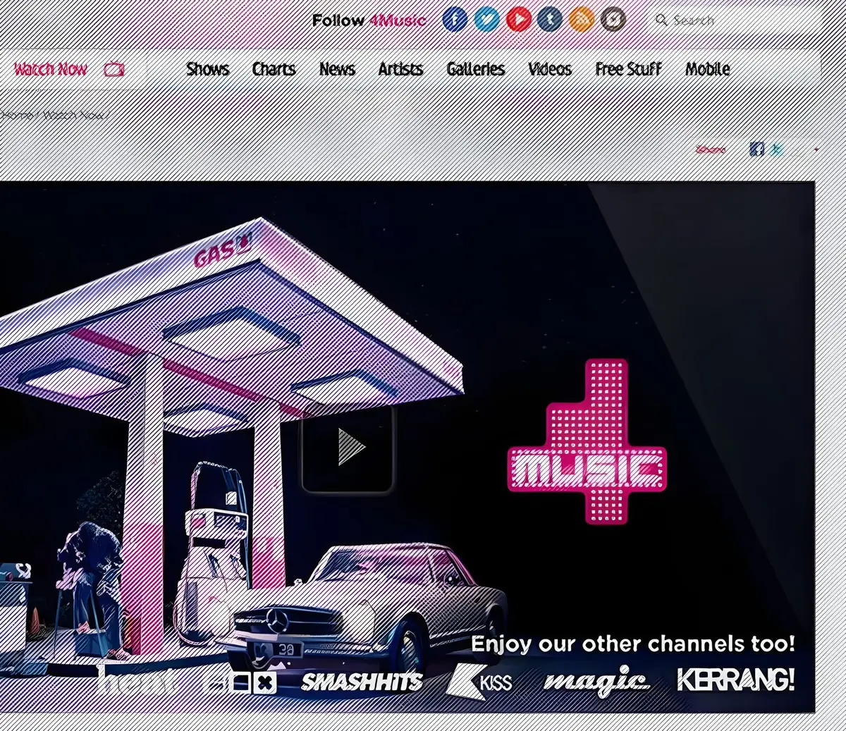 The 4Music website: a pink-lit petrol station and a vintage car under the 4Music logo