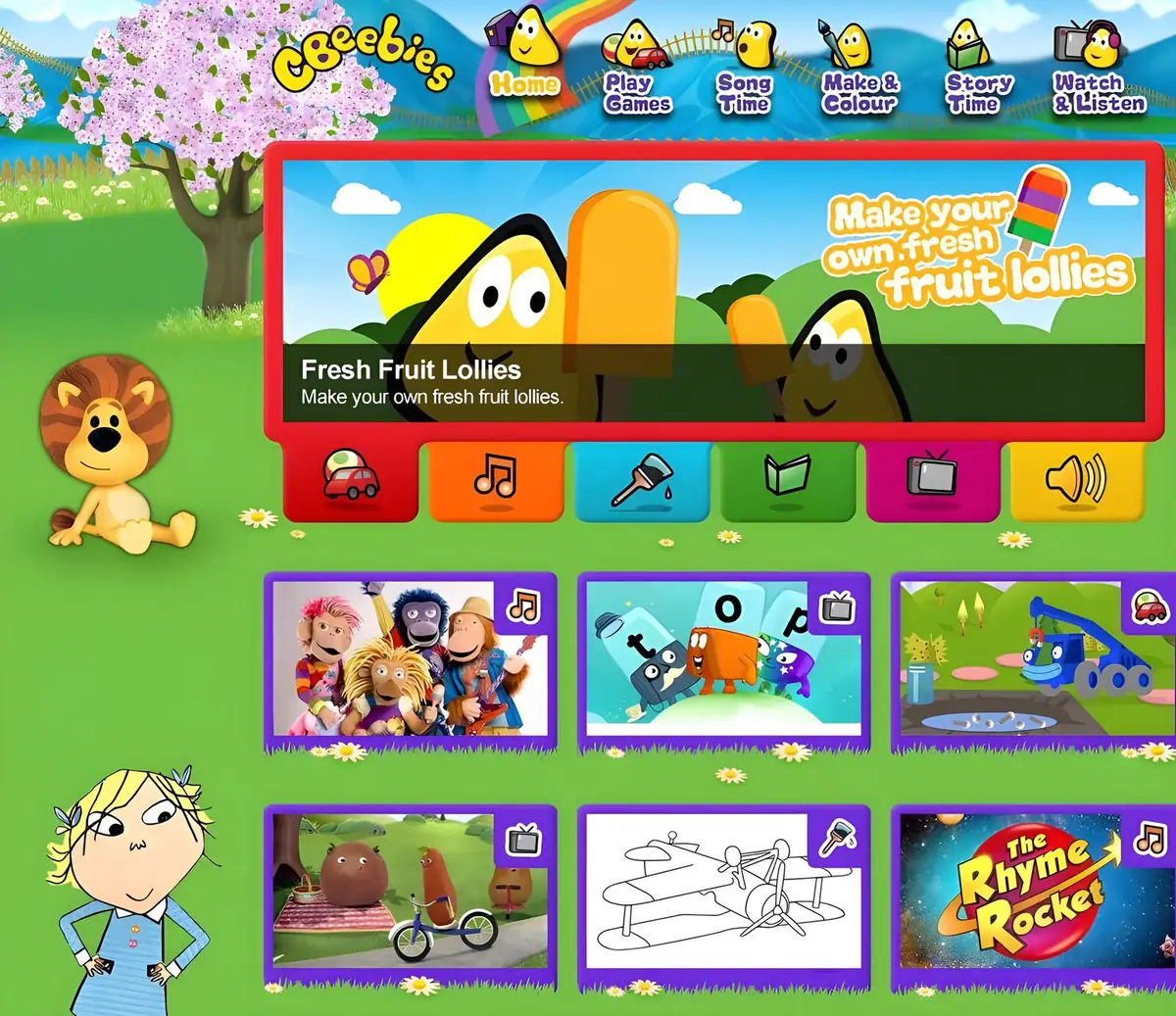 The CBeebies home page, with the Playroom panel, green hills, Raa Raa the lion and Lola