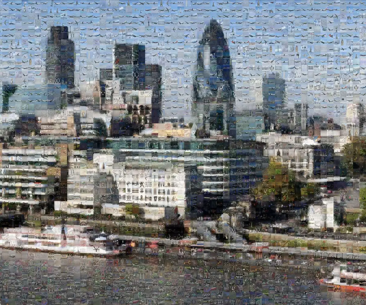 The City of London skyline, the Gherkin and the Thames, built as a mosaic of readers’ photos
