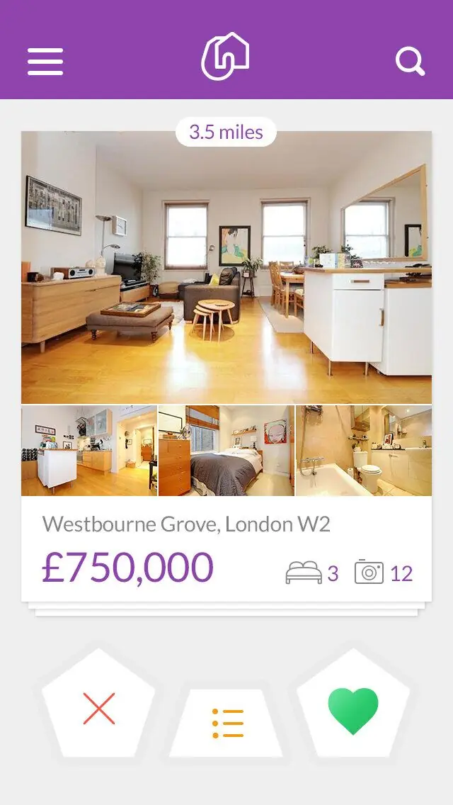 The Moovrs iPhone app: a flat in Westbourne Grove with photos and buttons to pass, list or like