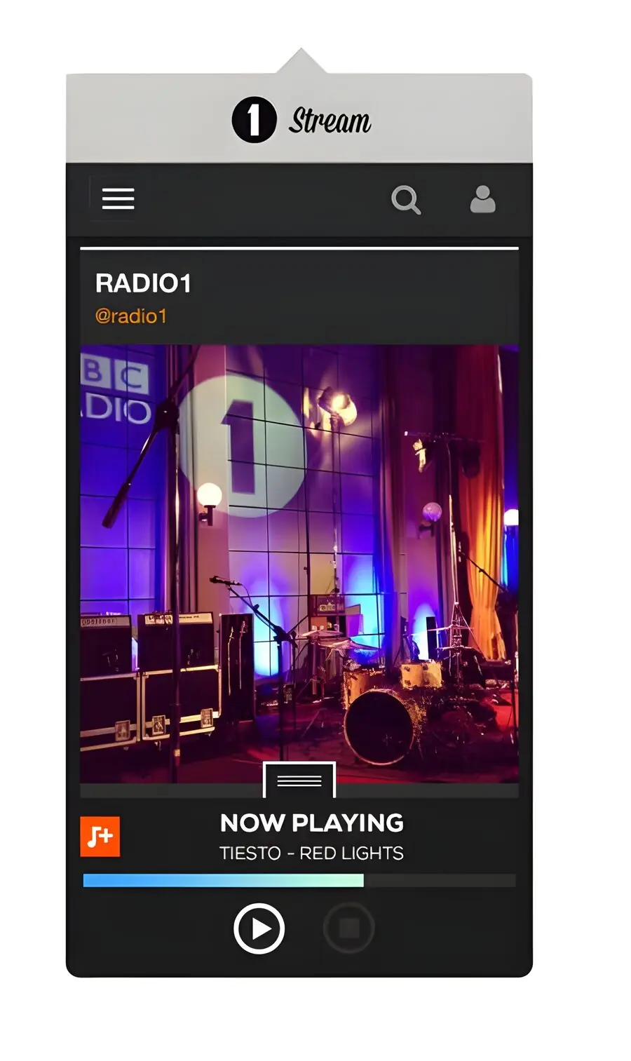 The 1Stream app: Radio 1’s live stage, with Now playing underneath