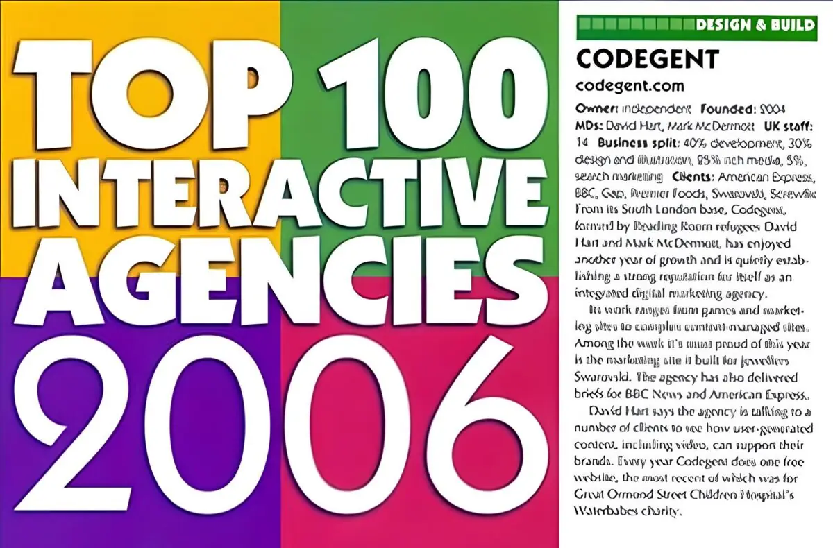 The NMA Top 100 Interactive Agencies 2006 cover, beside the Codegent listing
