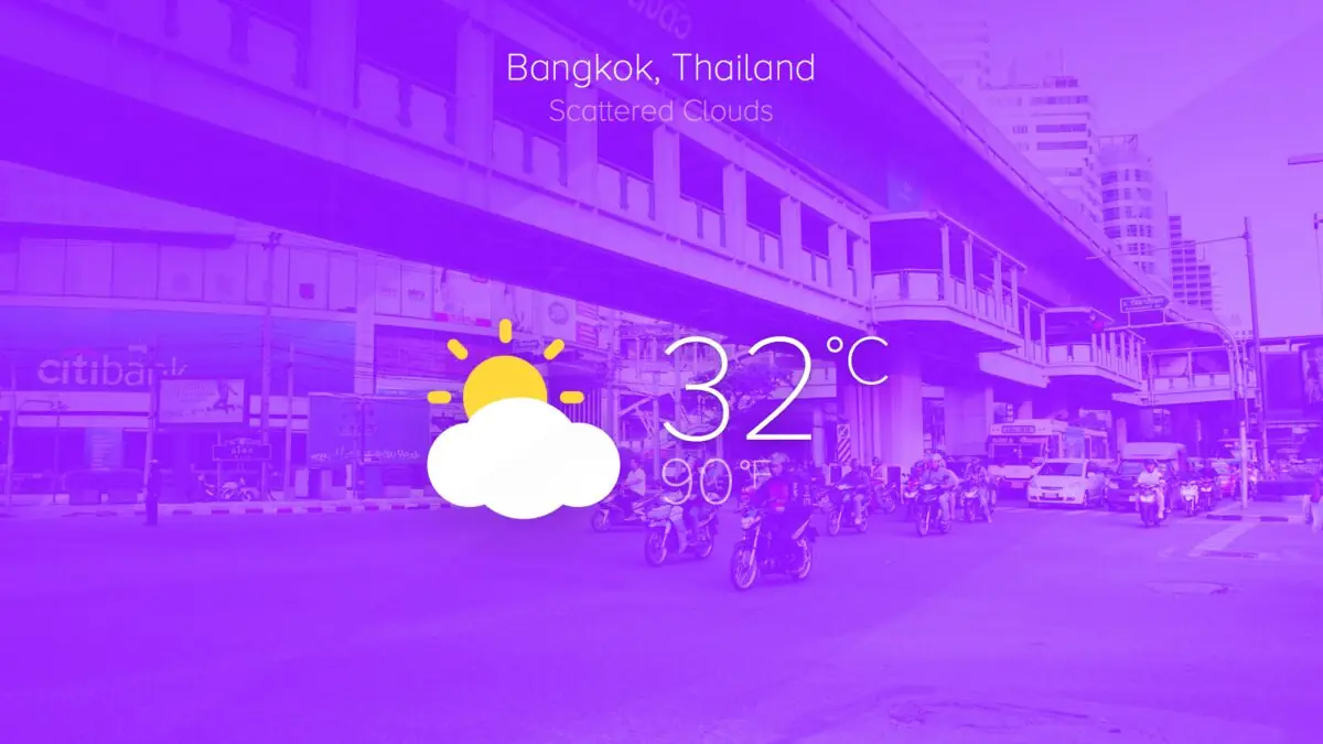 An early ScreenCloud screen: Bangkok weather, 32 degrees, over a purple street scene