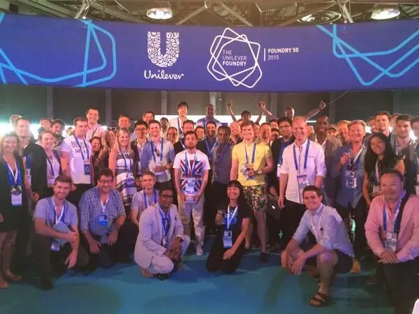 A large group photo of the Unilever Foundry50 cohort under Unilever branding