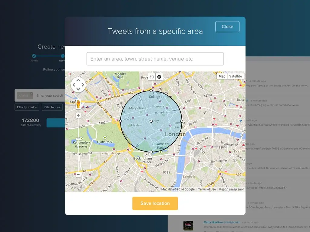 Twilert’s location search: a map of London with a search radius drawn on it