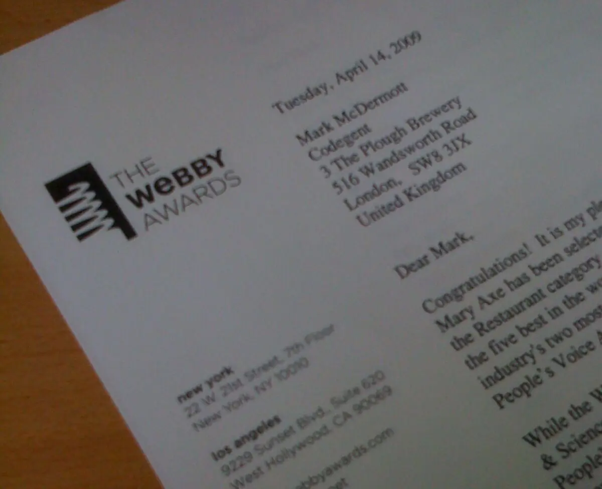 The Webby Awards letter of 14 April 2009, addressed to Mark at Codegent, 3 The Plough Brewery, 516 Wandsworth Road