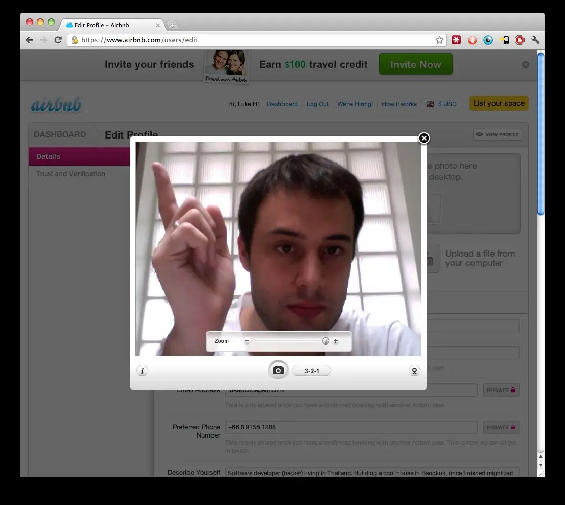Webcam Snapper running inside Airbnb’s profile photo page, a man waving at his webcam