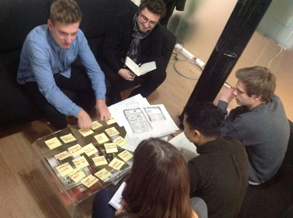 Five people round a glass table covered in sticky notes and sketches