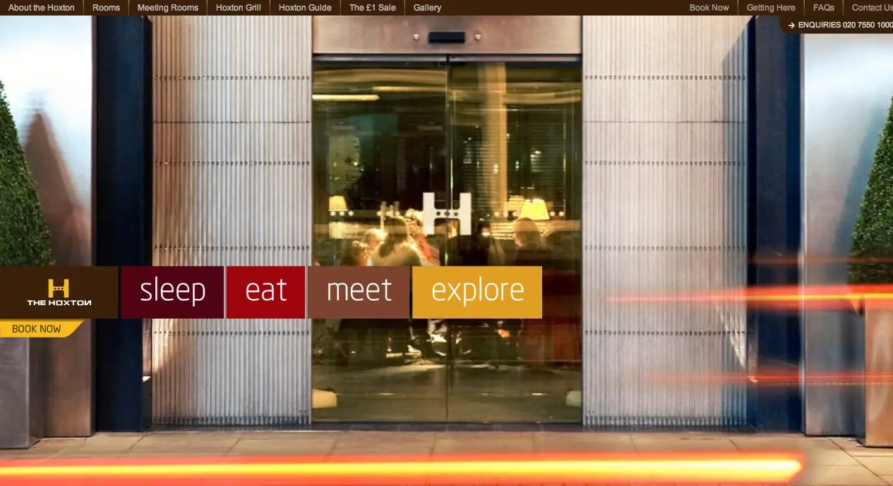 The Hoxton hotel home page: the revolving door with light trails, and sleep, eat, meet and explore tiles