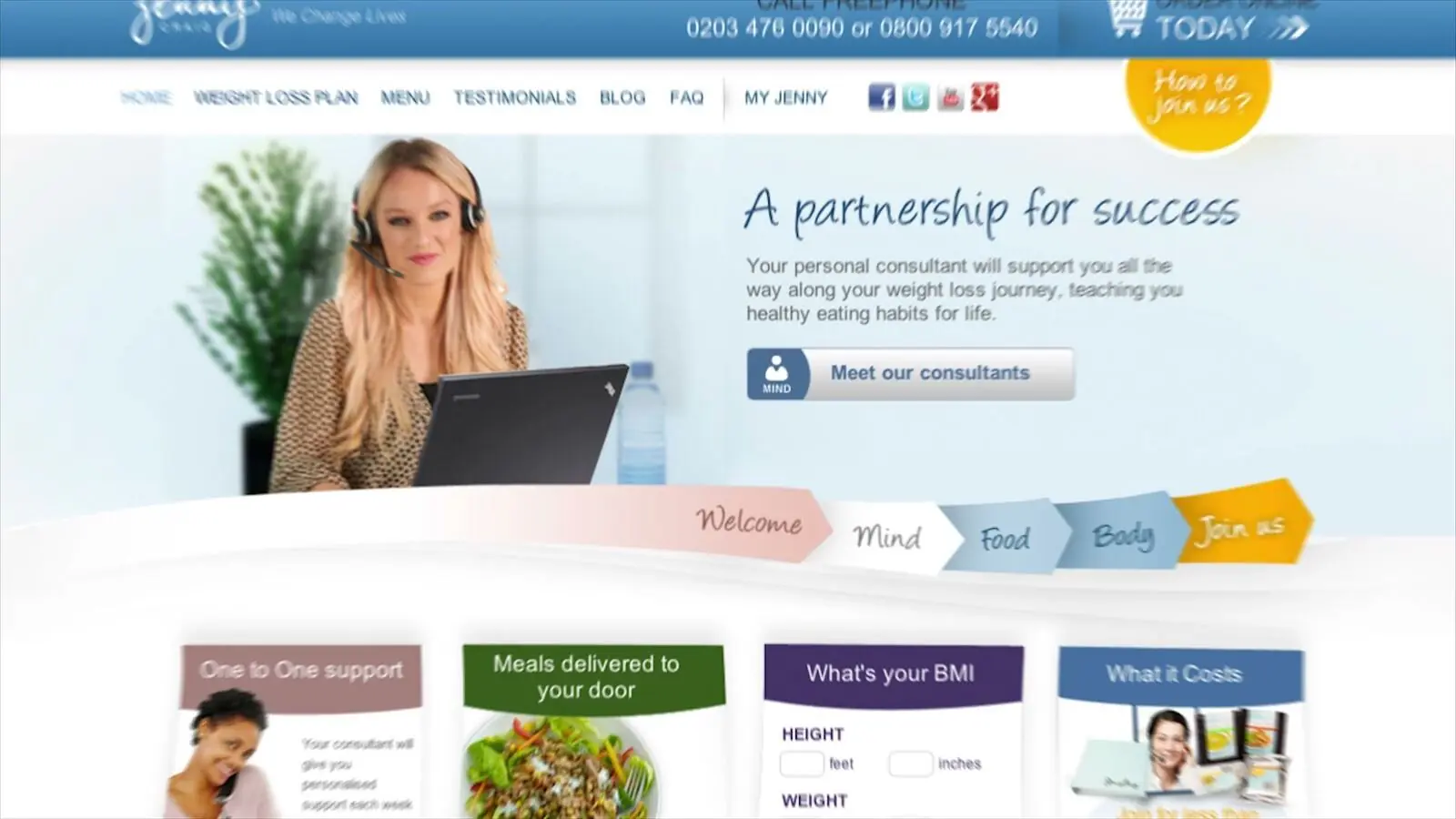 The Jenny Craig home page: a smiling consultant on a headset beside the line A partnership for success