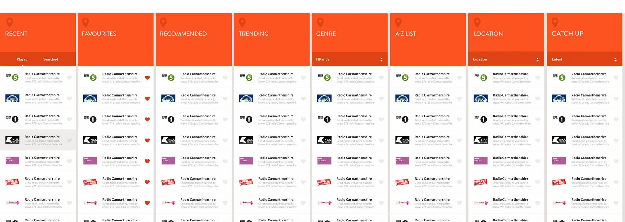 Radioplayer iPad designs laid out side by side in orange columns
