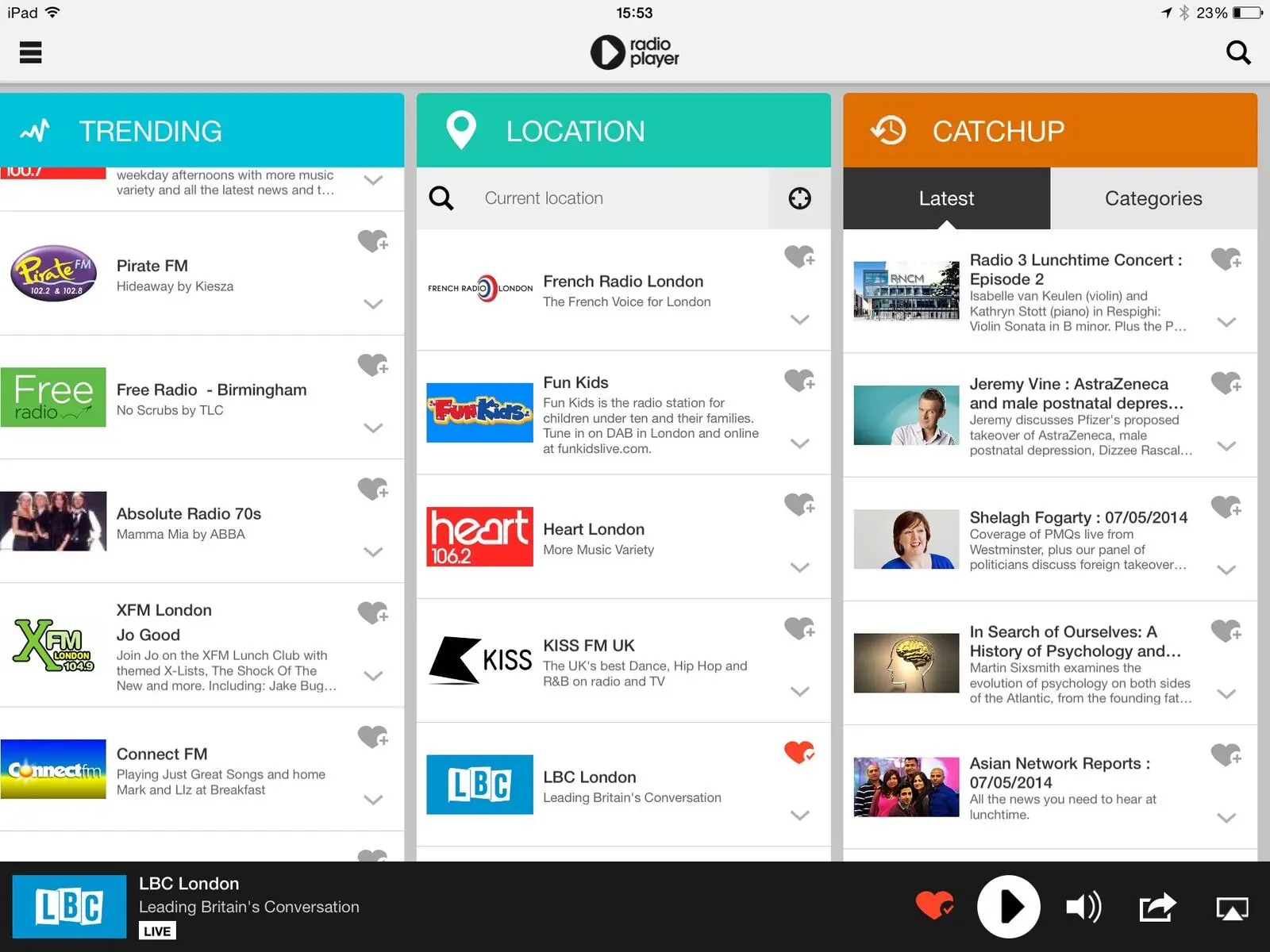 The Radioplayer iPad app: Trending, Location and Catchup columns of stations