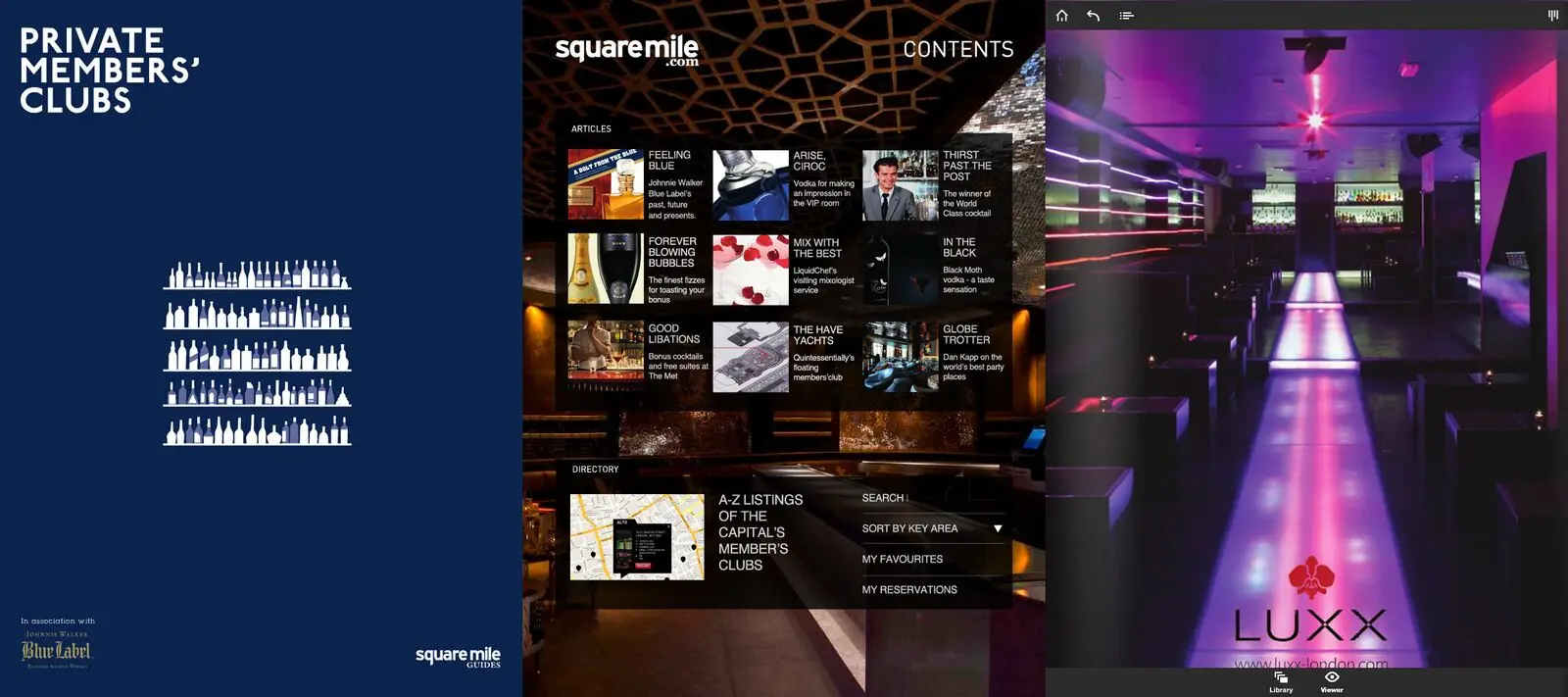 Three pages of the Square Mile iPad magazine: the Private Members’ Clubs cover, the contents page and the LUXX nightclub