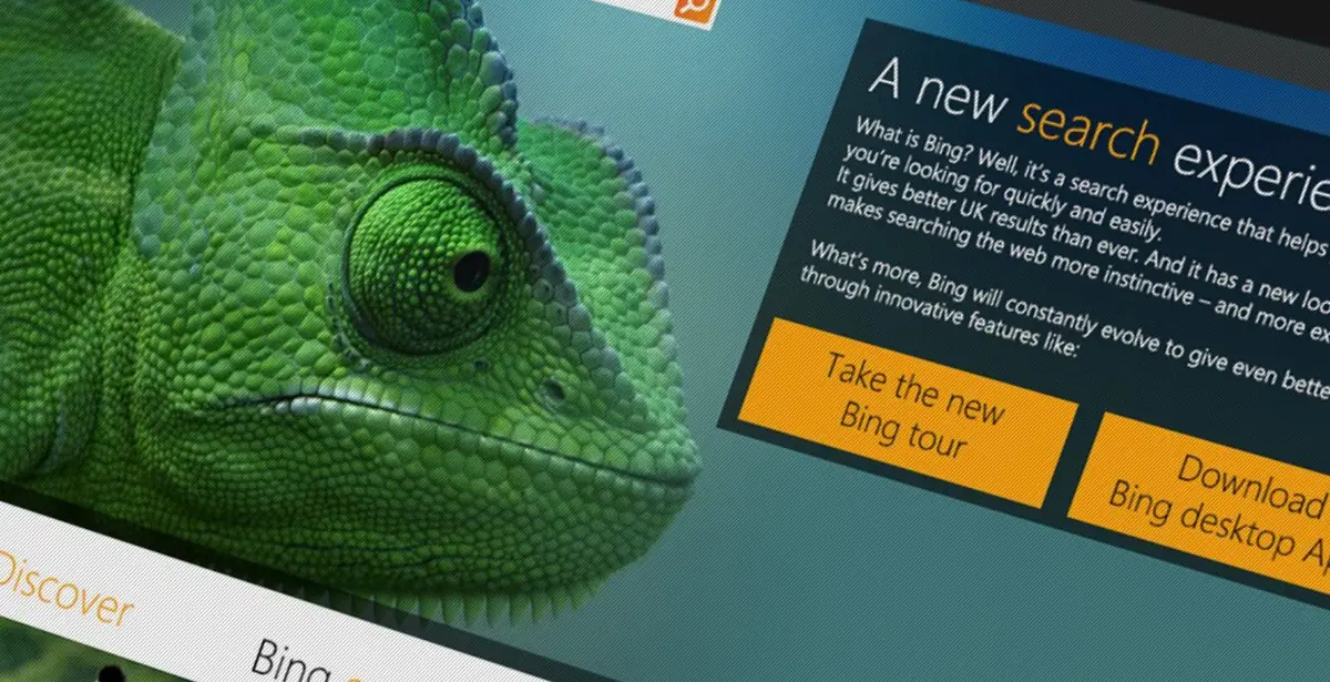 The Bing UK home page, a green chameleon beside the line A new search experience